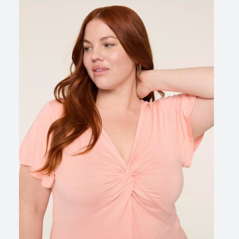 Lane Bryant Flutter-Sleeve V-Neck Illusion Top in Peach Size 1X